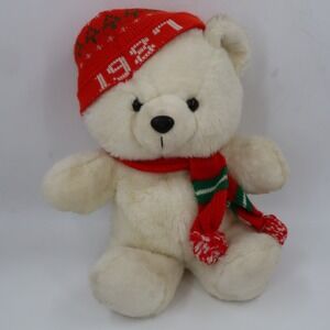 Kmart Vintage 1987 Christmas Polar Bear Plush Large 16" White Red Knit Hat Scarf